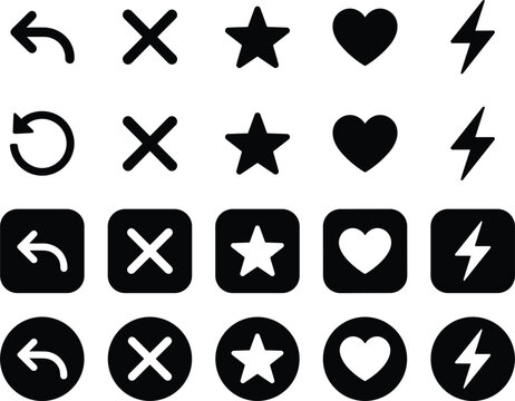 Black solid dating app interface button icon collection featuring match cross star heart and lightning bolt vector glyphs