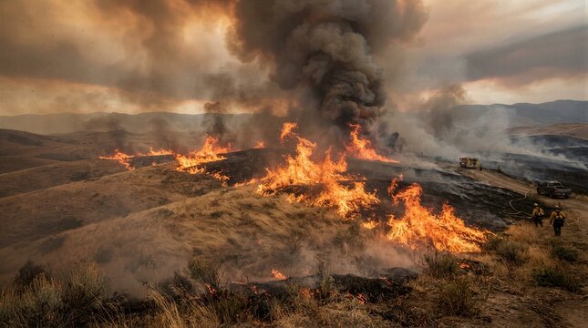 Wildfire burning across dry grassland hills with heavy smoke plumes