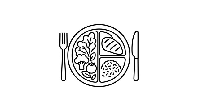 Healthy dinner plate icon featuring balanced meal with cutlery set up.