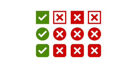 Set of checkmark and cross symbols in green and red for various approval or rejection indicators. © Png World Collection