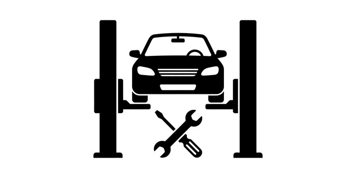 Car on lift with tools for automotive maintenance and repair services in a garage workshop setting.