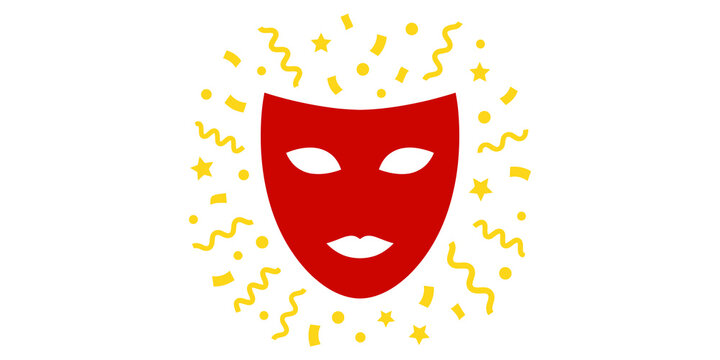 Red theatrical drama mask surrounded by golden confetti particles for entertainment or festival graphic.