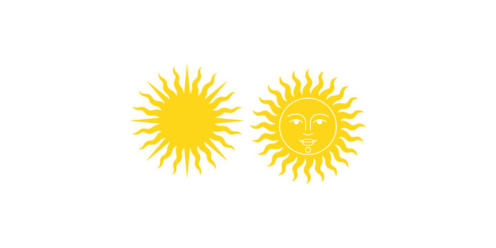 Golden sun symbols with intricate rays and a smiling face ideal for spiritual and decorative design projects.