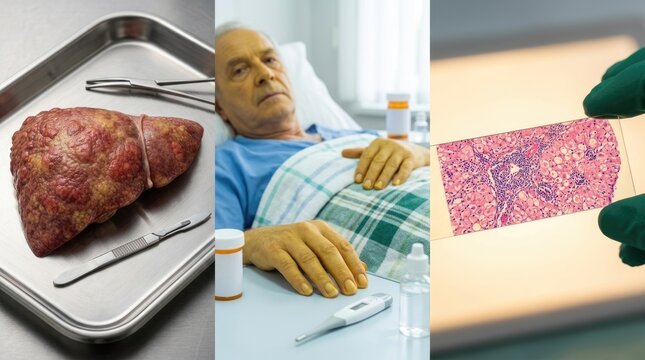 Organ system pathology: diseased liver, patient jaundice, tissue damage, cellular change, medical research, infection impact, illness development, chronic condition, clinic diagnosis.
