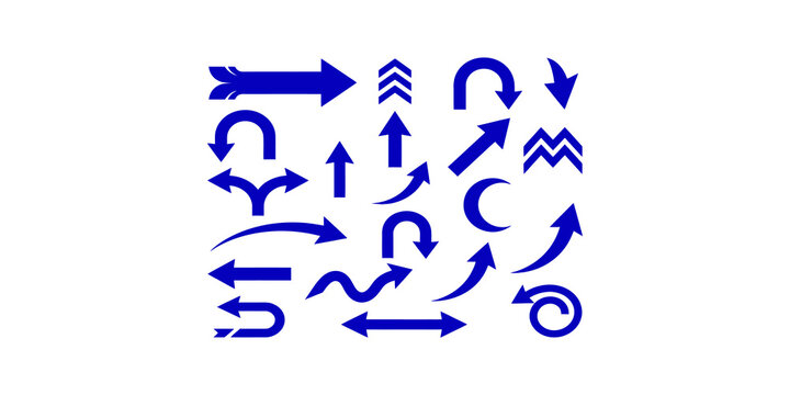 Set of various blue arrow icons in different directions and styles for user interface design.