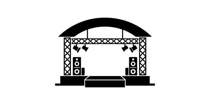 Outdoor concert stage silhouette including speakers spotlights and metal truss for event production icons.