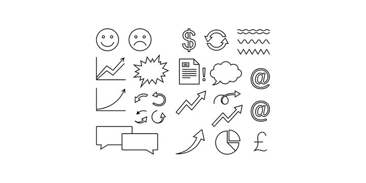 Collection of black outline business and communication icons including charts, arrows, and currency symbols.