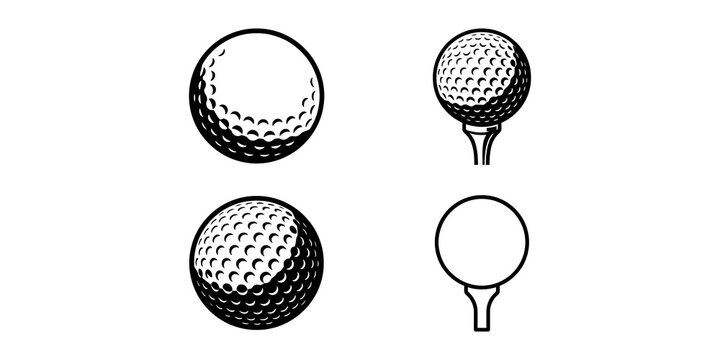 Set of golf ball and tee icons, including solid and outline black and white designs.