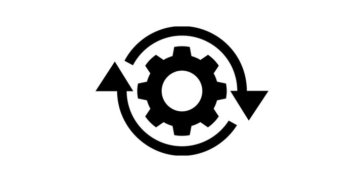 Black circular arrow with gear symbol on transparent background for process and workflow management.