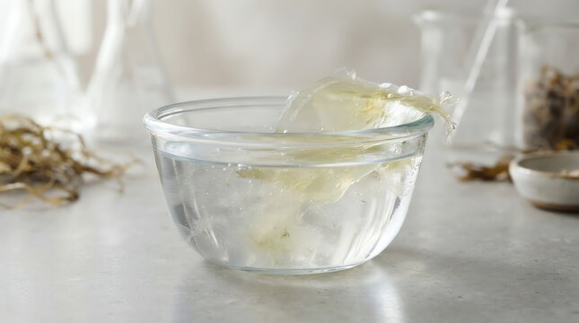 Silver ear fungus soaking in glass bowl