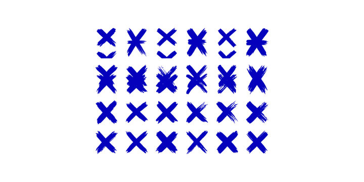 Grid of blue brush stroke crosses abstract marks for design elements or backgrounds grunge textured.