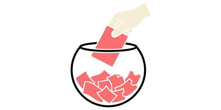 Hand putting red paper slips into glass bowl lottery draw or raffle for chance and competition concept.
