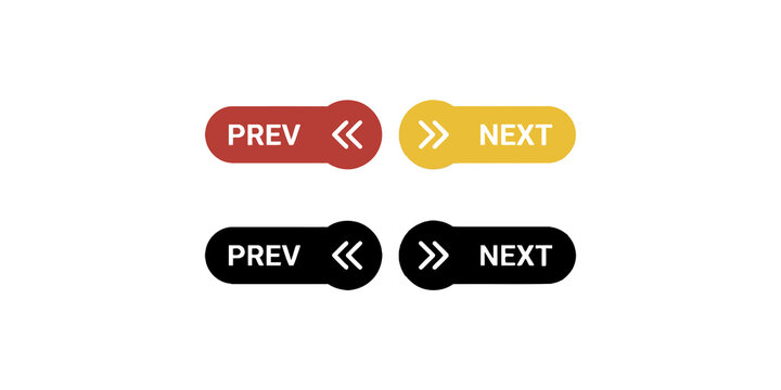Navigation buttons with prev next text in red black and yellow colors for web user interface design.
