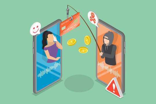 3D Isometric Flat Vector Illustration of Voice Phishing, Online Scam And Cyber Fraud Concept