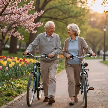 Art Nouveau Park 60S. A Happy Senior Couple Strolls Through A Park With Bicycles, Discussing Cheerfully During Sunset