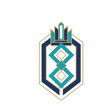Geometric emblem with blue, teal, and gold colors