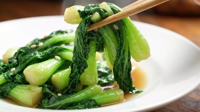 Chopsticks Lifting Stir-Fried Baby Bok Choy with Sesame Seeds