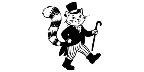 Obraz premium A dapper cat walking with a top hat, tailcoat, and cane, exuding sophisticated charm in monochrome.