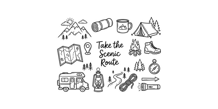 Scenic route inspirational text poster surrounded by camper van map rope flashlight and mountain elements.