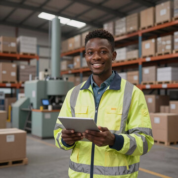 Stop-Motion Factory Distribution Warehouse. Low Angle View Of Young African Man In Reflective Jacket, Holding Digital Tablet & Smiling In A Factory Warehouse