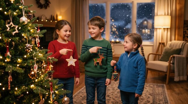 Three children decorating a Christmas tree with handmade ornaments in a cozy living room while smiling and sharing a festive holiday moment together at home.