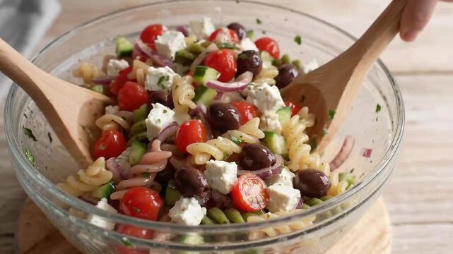 Mediterranean Pasta Salad with Mozzarella Tomatoes and Olives in Glass Bowl