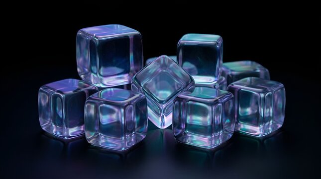 Holographic glass cubes with iridescent glow, luminous crystal blocks on black background, futuristic translucent geometric shapes