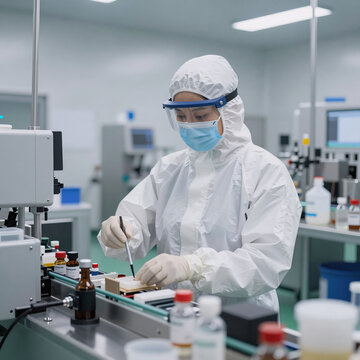 Cinematic Factory Box. Woman Worker In Protective Clothing Operating Production Line At A Sterile Pharmaceutical Factory