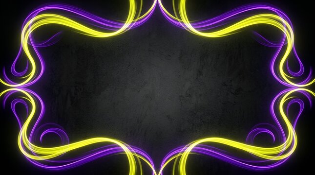 Neon glowing frame with purple and yellow light trails, futuristic wavy border on dark textured background, vibrant luminous light effect