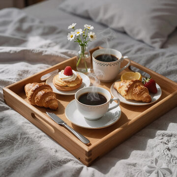 Renaissance Linen Coffee. Breakfast Flat Lay In Bed, Featuring Coffee And A Wooden Tray With Grey Linen. (Morning Lifestyle Still Life)