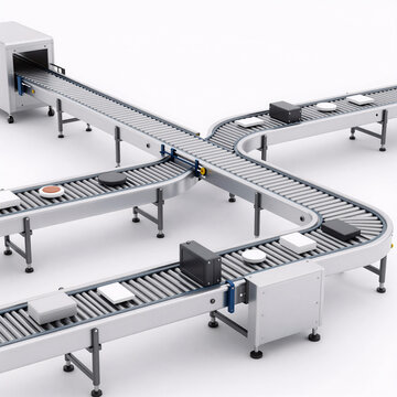 Photorealistic Conveyor Objects. A 3D Illustration Showcasing A Conveyor Line On A White Background