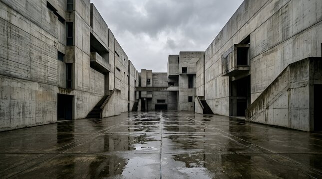 Brutalist concrete architecture with geometric shapes, modern minimalist urban building exterior, gray industrial structure under cloudy sky