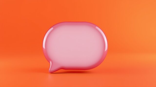 Pink speech bubble sits upon orange surface. Glossy texture, simple form, minimal design. Clean studio lighting creates soft shadows.