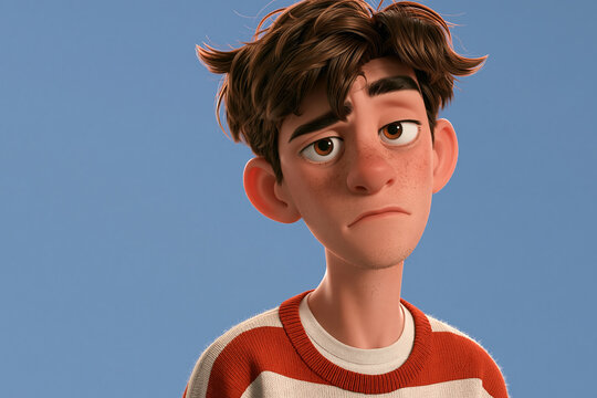 Sad teenage boy brown hair striped sweater blue background animated style expressive face freckles casual clothing emotional digital illustration