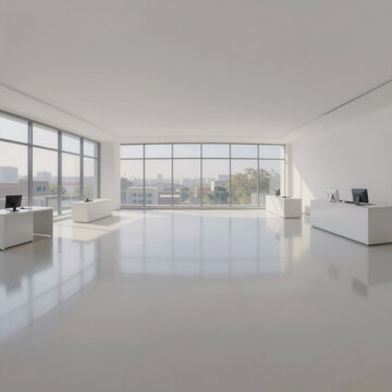 Oil Painting Seamless House. Empty White Office Or Store Interior With 360-Degree Spherical Hdri Panorama, Featuring Huge Windows In Equirectangular Projection