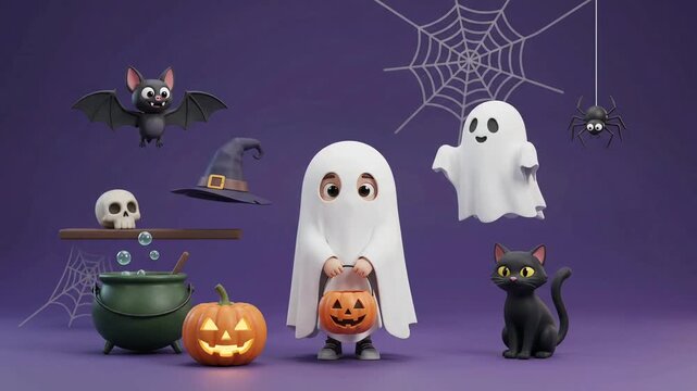 Cute trick-or-treater in a ghost costume surrounded by a black cat, bubbling cauldron, and floating magic props in a 3D animated Halloween video background
