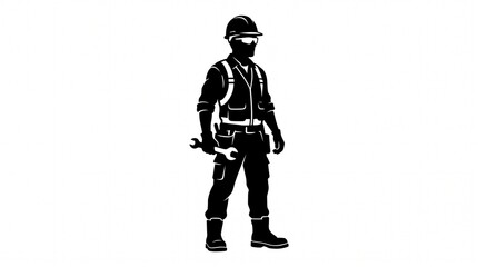 Obraz premium Industrial Worker Silhouette: A stoic silhouette of an industrial worker, clad in safety gear and holding a wrench, stands ready for the challenges of the job.