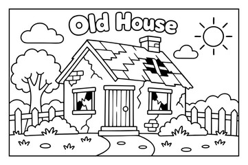 Fototapeta premium Old house coloring page for children featuring broken windows and damaged roof in outdoor yard