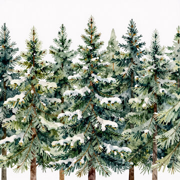 Sci-Fi Seamless Loopable. Watercolor Christmas And New Year Pattern Featuring Horizontal Pine Trees In Green