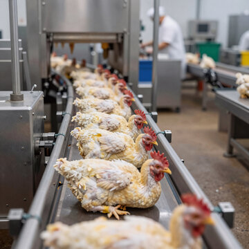 Hard Surface Conveyor Action. Chicken On A Conveyor Belt In A Meat Factory Setting