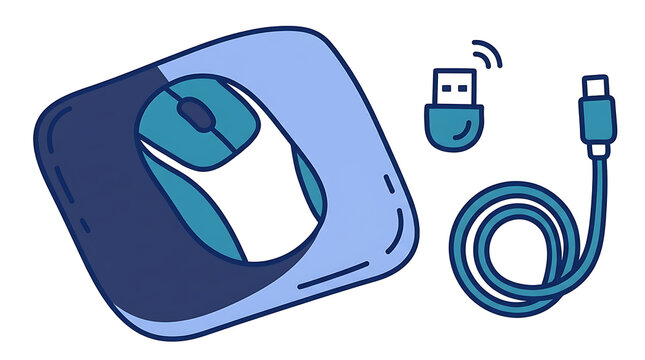 Computer mouse with wireless receiver and charging cable icon illustration