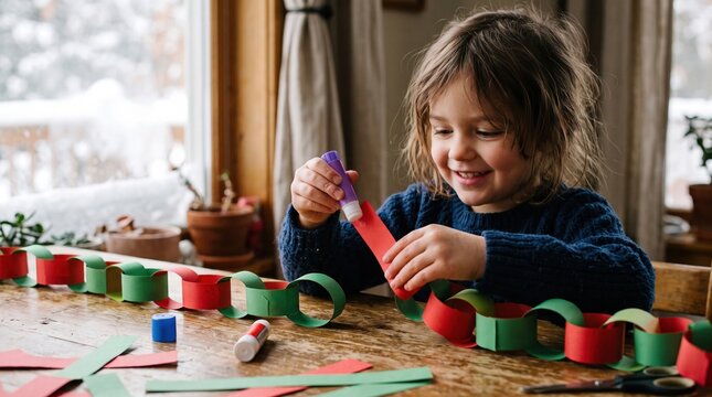 Smiling child making a festive paper chain for Christmas decorations at a wooden table using a glue stick to connect red and green paper loops for holiday crafts.