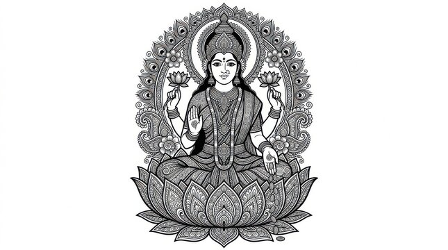 Beautiful black and white line art vector illustration of Goddess Lakshmi seated on lotus