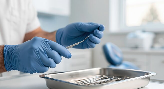 Dentist selecting a stainless steel dental tool from a tray in a medical clinic