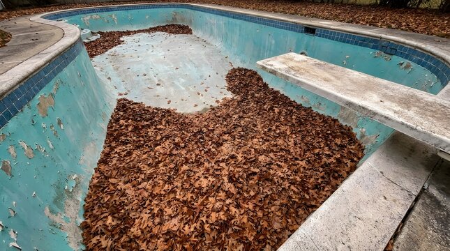 Abandoned swimming pool filled with dry autumn leaves depicting economic depression and the nostalgic passage of time in residential spaces