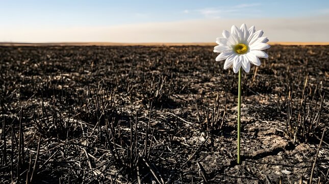 Single white daisy blooming resiliently in scorched black earth representing hope and environmental recovery after natural disaster