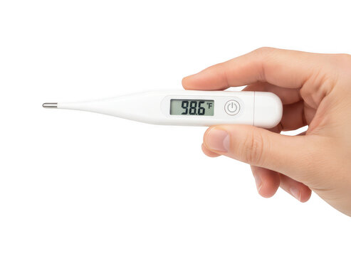 A hand holding a white digital thermometer displaying a temperature of 98.6 degrees fahrenheit isolated on a solid black background, for health isolated on a transparent background