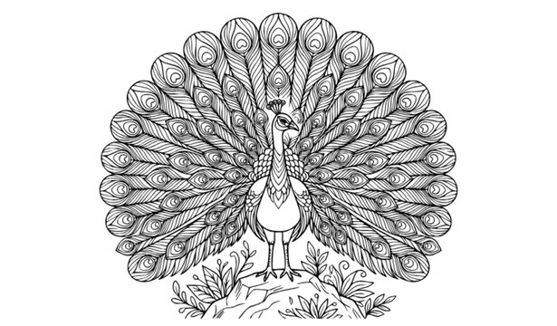 Round Peacock with Fully Spread Ornamental Tail Standing on Rock Coloring Page Line Art Vector