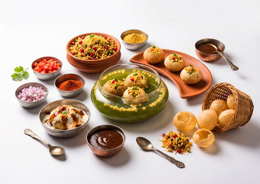 Indian Chaat Platter &ndash; Pani Puri, Dahi Puri, Bhel Puri and Chutneys with Golgappa Basket and Condiments on White Background