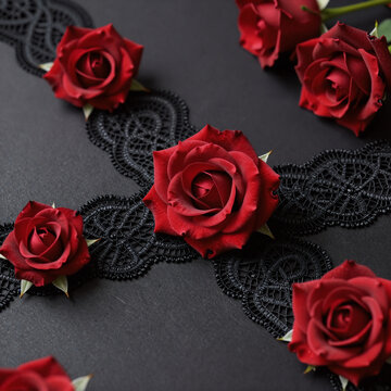 Celtic Art Seamless Openwork. Wide, Seamless Black Lace Ribbon Adorned With Roses